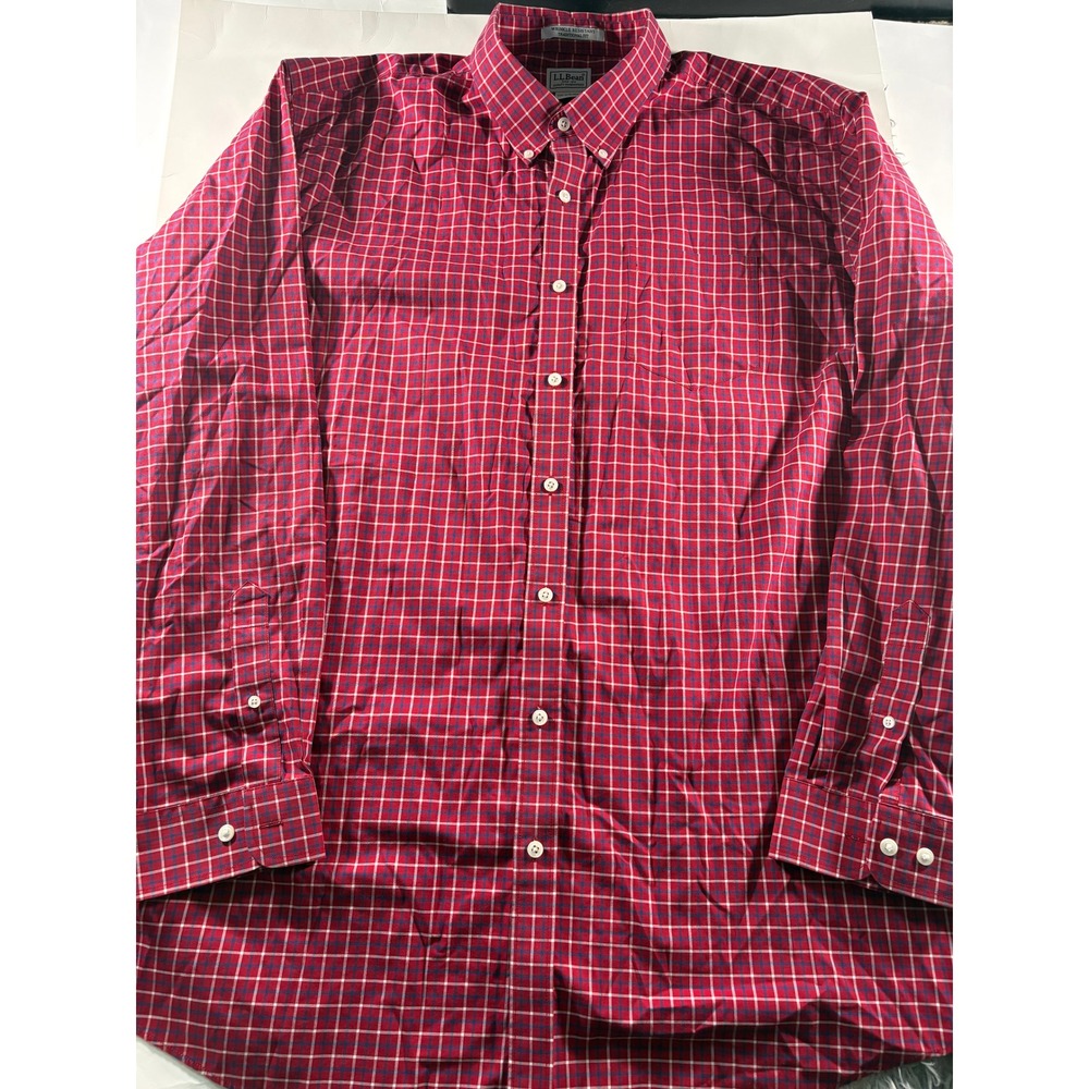 LL Bean Button Up Shirt Mens XXL Tall Red Plaid Wrinkle Resistant Cotton